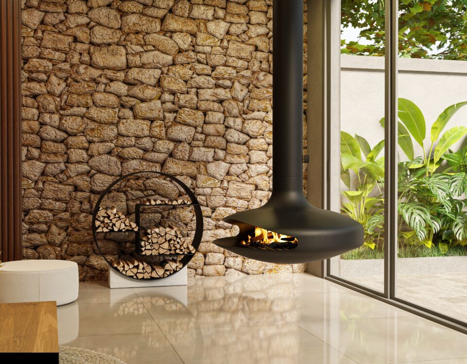 02 Lareira suspensa MF com design moderno e aquecimento central.