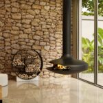 Lareira suspensa MF com design moderno e aquecimento central.
