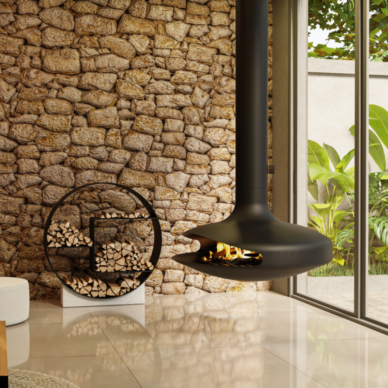 Lareira suspensa MF instalada em ambiente contemporâneo com elementos naturais e estilo arquitetônico moderno.