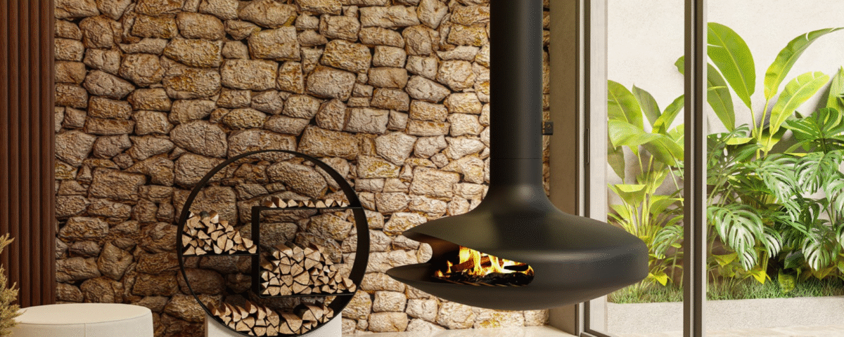 Lareira suspensa MF 360 com base giratória, ideal para aquecimento uniforme e design marcante.