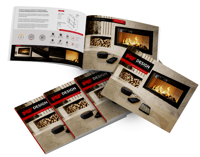 Catálogo gratuito da MF Lareiras com modelos de calefatores e soluções em design para interiores.