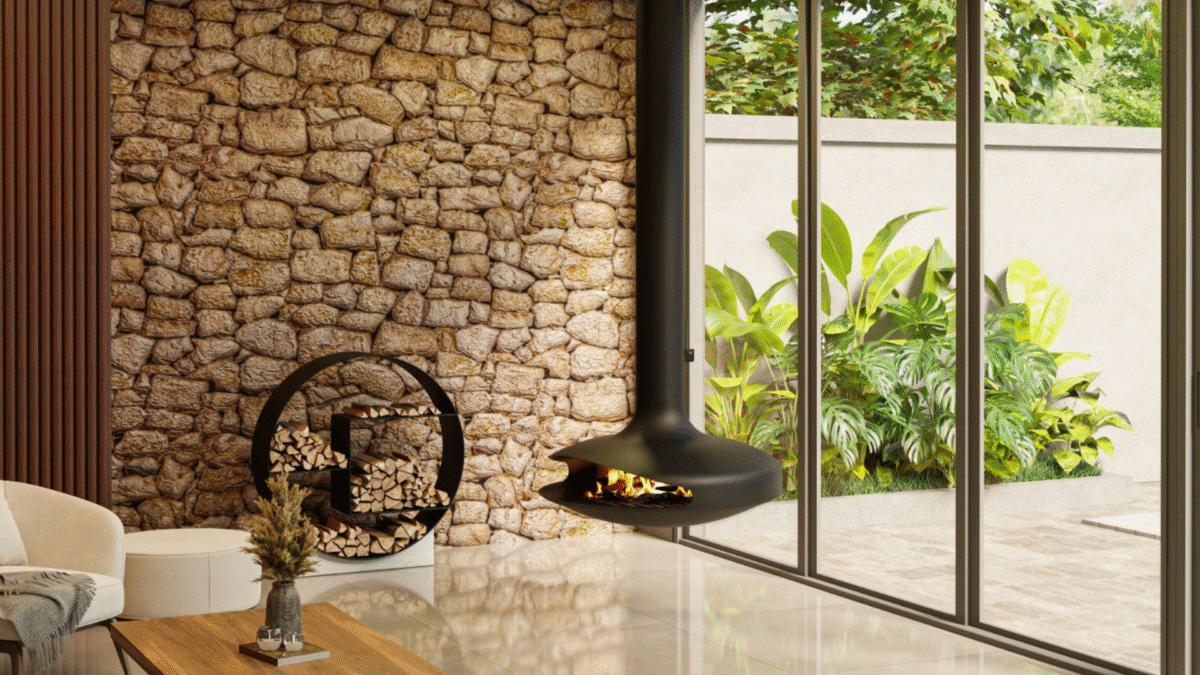 3 Lareira suspensa da MF com suporte circular de lenha e vista para jardim, unindo natureza e design sofisticado.