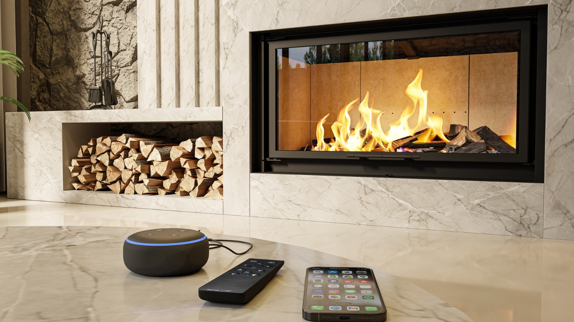 Lareira embutida MF com compartimento de lenha e dispositivos inteligentes, integrando tecnologia e conforto em ambiente moderno.
