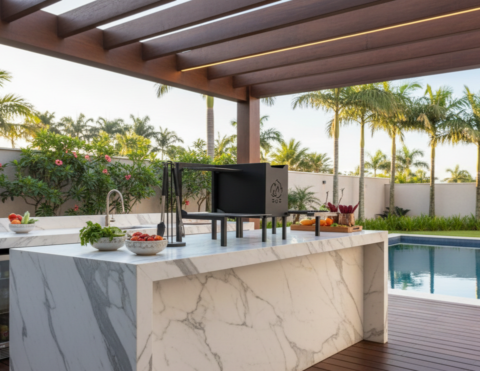 Área externa com bancada de mármore e churrasqueira com pia, ao fundo piscina com deck de madeira e palmeiras sob pergolado.