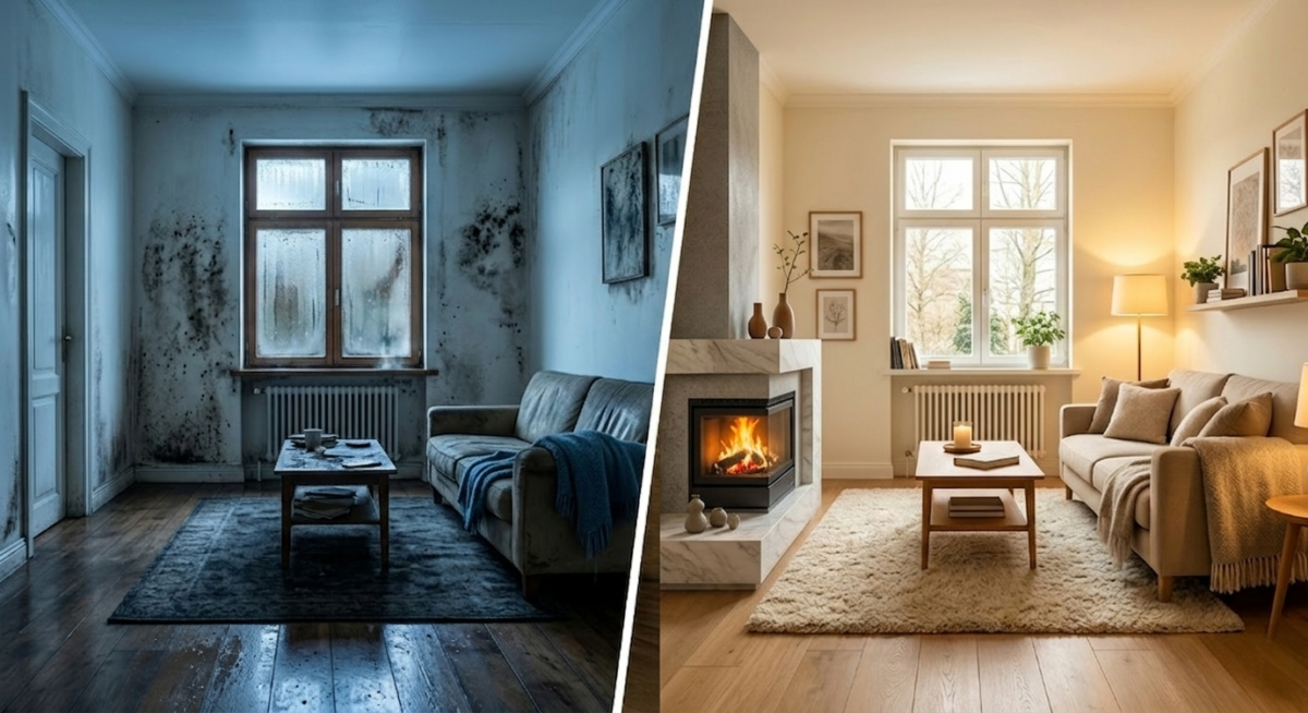 Sala de estar dividida ao meio: à esquerda um ambiente antigo, mofado e degradado; à direita um espaço reformado, iluminado, com lareira e móveis modernos.