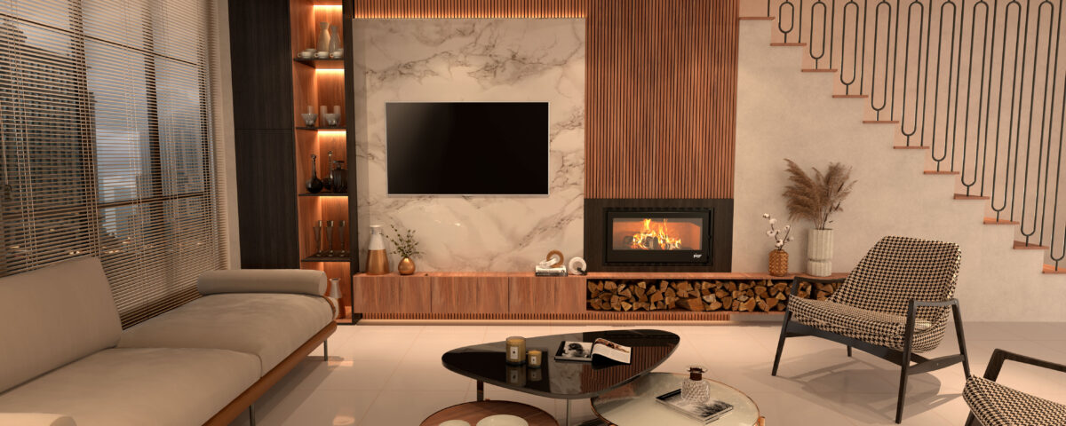 Sala de estar contemporânea com lareira acesa, painel de madeira e mármore, TV suspensa, sofá cinza, poltronas, mesa de centro e escada com corrimão preto ao fundo.
