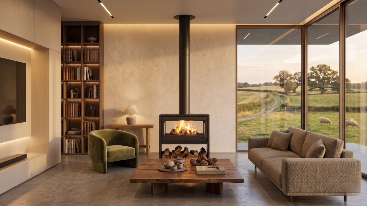 Sala de estar contemporânea com lareira a lenha central, poltrona verde, sofá bege, mesa de centro de madeira e grandes janelas com vista para um campo verde ao ar livre.