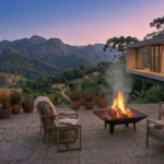 632bd9e3 e5a9 4e68 9114 de77e7fc652d Pátio externo com poltronas ao redor de uma fogueira, vasos de plantas e vista para as montanhas ao pôr do sol, ao lado de uma casa contemporânea de vidro.