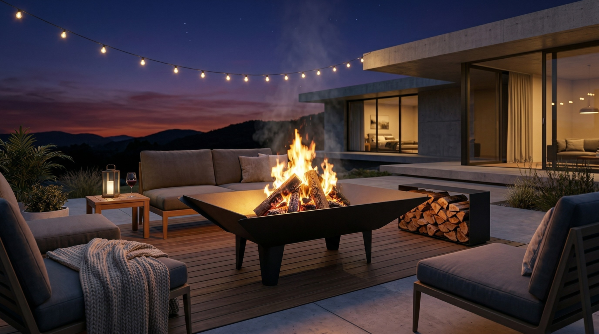 Área externa com lounge moderno em deck, lareira acesa, sofás ao redor, cordões de luzes e vista de montanhas ao pôr do sol.
