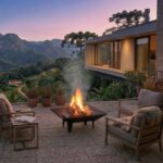 Terraço ao ar livre com lareira acesa, cadeiras aconchegantes e vista de montanhas ao pôr do sol.