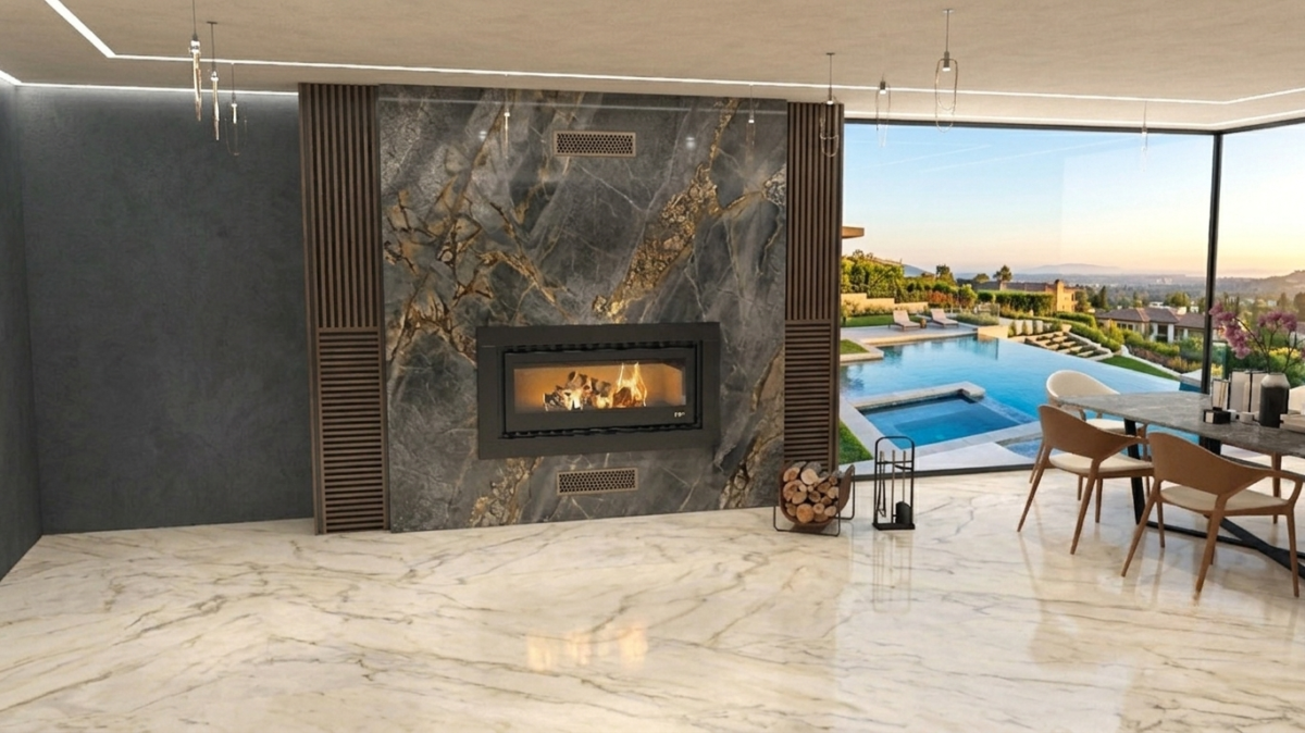 Sala de estar moderna com piso de mármore, lareira embutida na parede de mármore escuro com painéis de madeira, e varanda com vista para piscina ao ar livre, mesas e cadeiras.