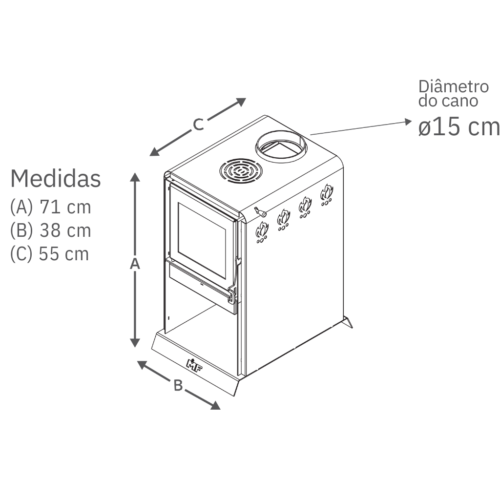 Desenho técnico de um fogão/forno com porta de vidro, exaustão no topo e diâmetro do cano de 15 cm, com as medidas A, B e C indicadas.