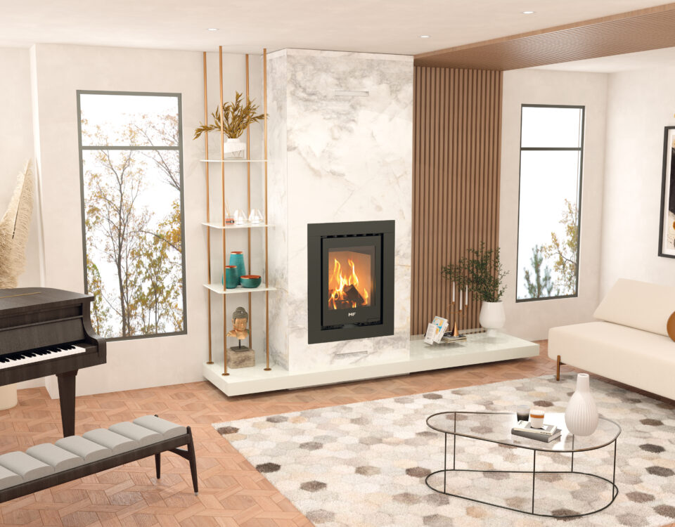 Sala de estar moderna com piano preto à esquerda, lareira acesa no centro, sofá branco e mesa de centro circular, cercada por grandes janelas que permitem muita luz natural.